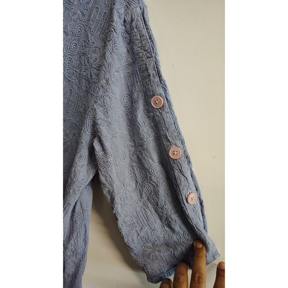 Focus Casual Life Small Women's Blue Floral Embroidery Pink Button Long Sleeve - Picture 8 of 10